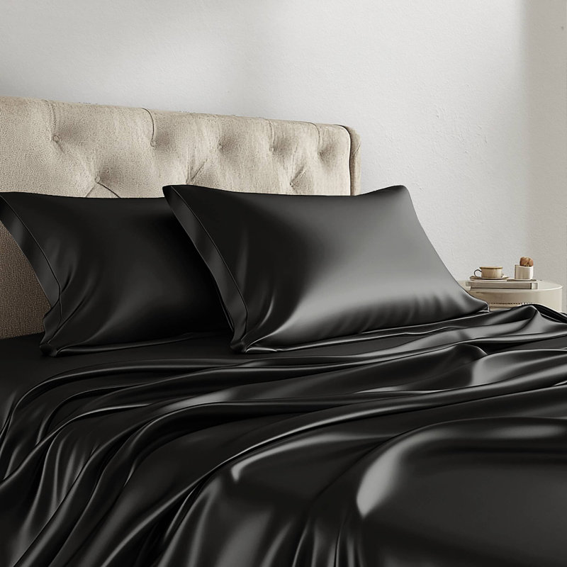 Satin Wrinkle Resistant Luxury Sheet Set, Twin Sheet Set + 2 Standard Pillowcases, Black