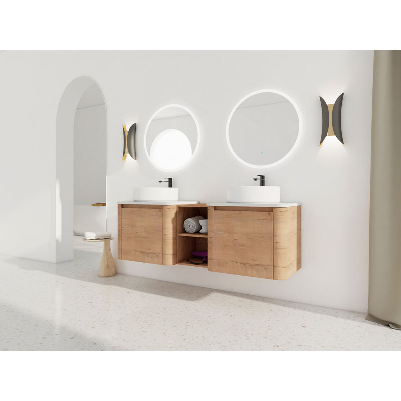 Meuble-lavabo mural 60 po avec lavabo d'art en céramique et 1 tablette de rangement, garniture de porte à fermeture en douceur, contreplaqué