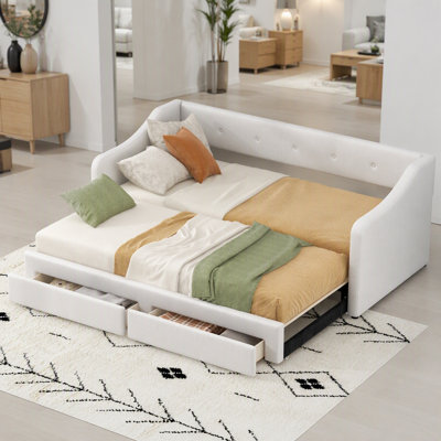 Lit de jour simple tapissier très grand avec deux tiroirs, beige