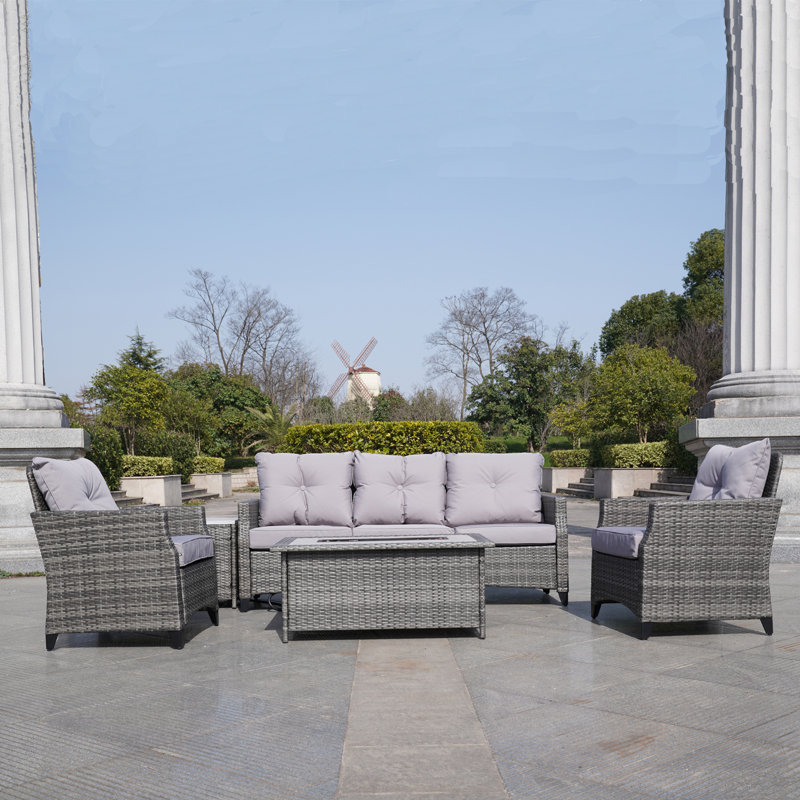 Anatoly 5 - Person Wicker Patio Dining Set with Rectangular Table , Cushions Included, Light Grey, Grey