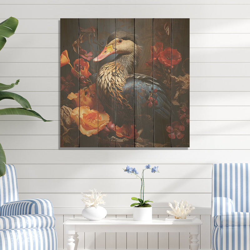 Canard tacheté à l'étang IV - animal canard sur bois, H 36 po x l 36 po