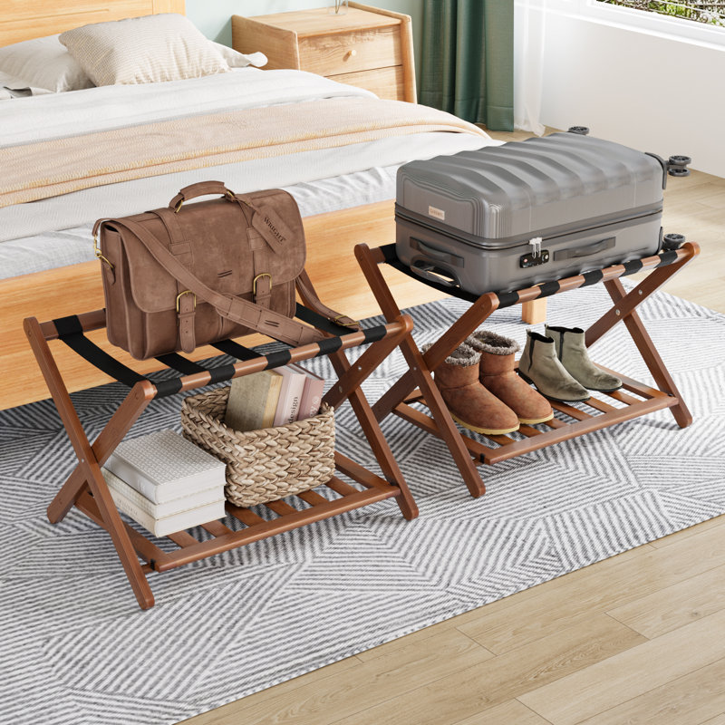 Ensemble de 2 valises pliantes pour valises, porte-bagages en bois avec tablette de rangement pour chambre d'amis et chambre à coucher, noyer