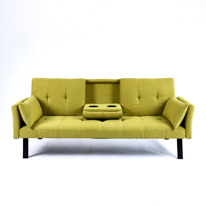 Lit pliable avec porte-gobelet central et sac de rangement avec accoudoirs, 70 po, matériau en lin de coton, convient aux petits espaces, lit multifonctionnel jaune beige gris foncé, se transforme en balcon