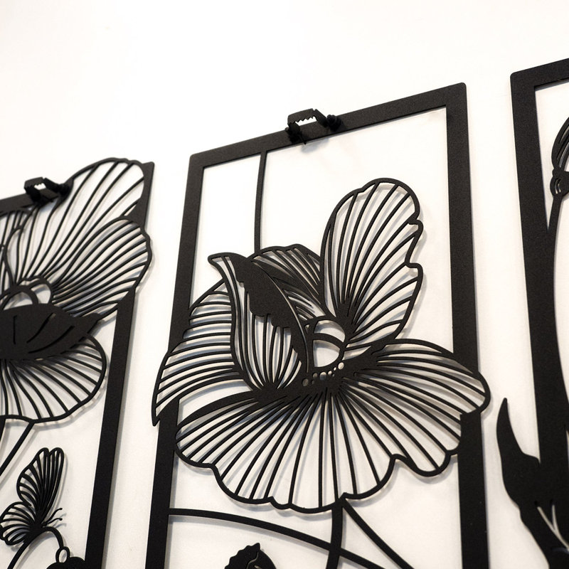 Ensemble d'art mural en métal Blossom - 4 pièces, Noir, H 25 po x l 53 po x P 1 po
