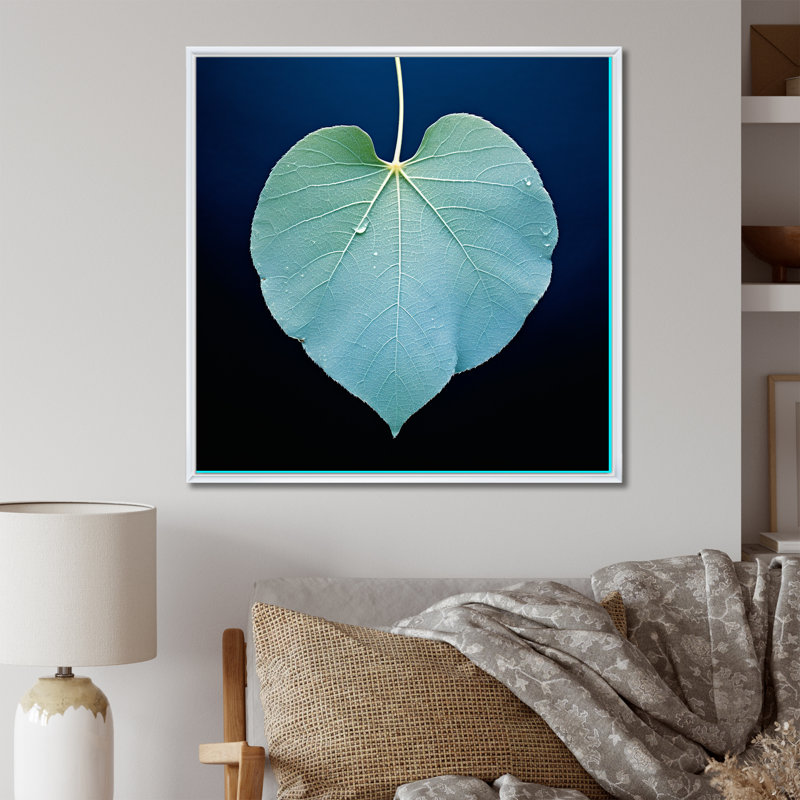 Impressions de feuilles subtiles bleu sarcelle tendresse II, Cadre flottant blanc, H 36 po x l 36 po x P 1,5 po
