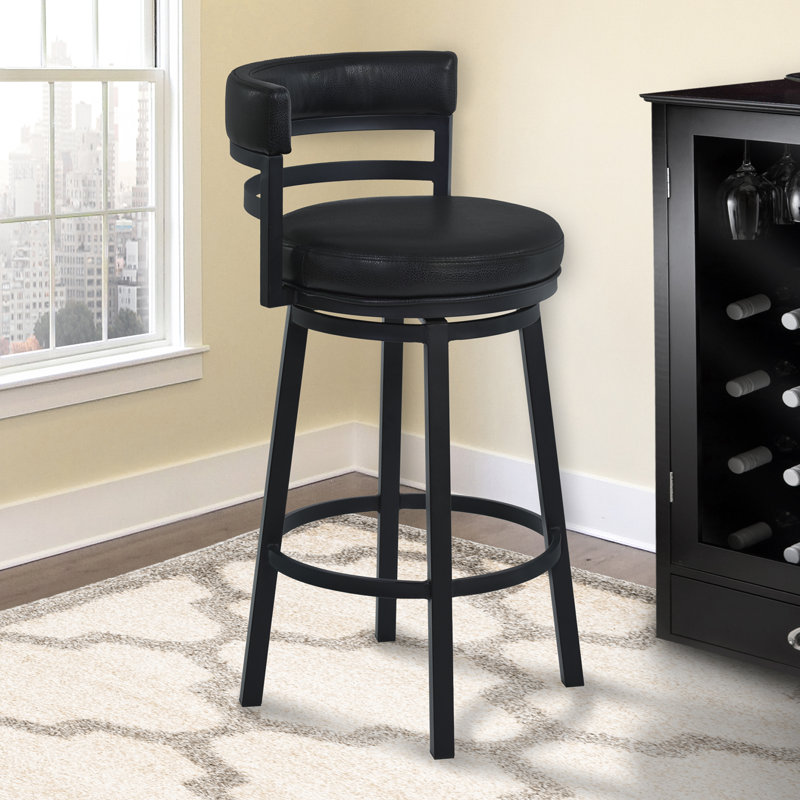 Deherrera Modern Swivel Counter or Bar Stool with Open Low Back and Footrest in Metal and Faux Leather, Black, Ford Black