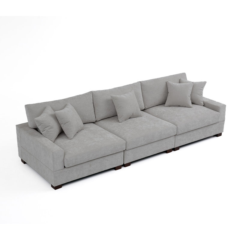 3 - Piece Upholstered Gray Chenille Modular Sectional Sofa with Armrests & Throw Pillows, Gray