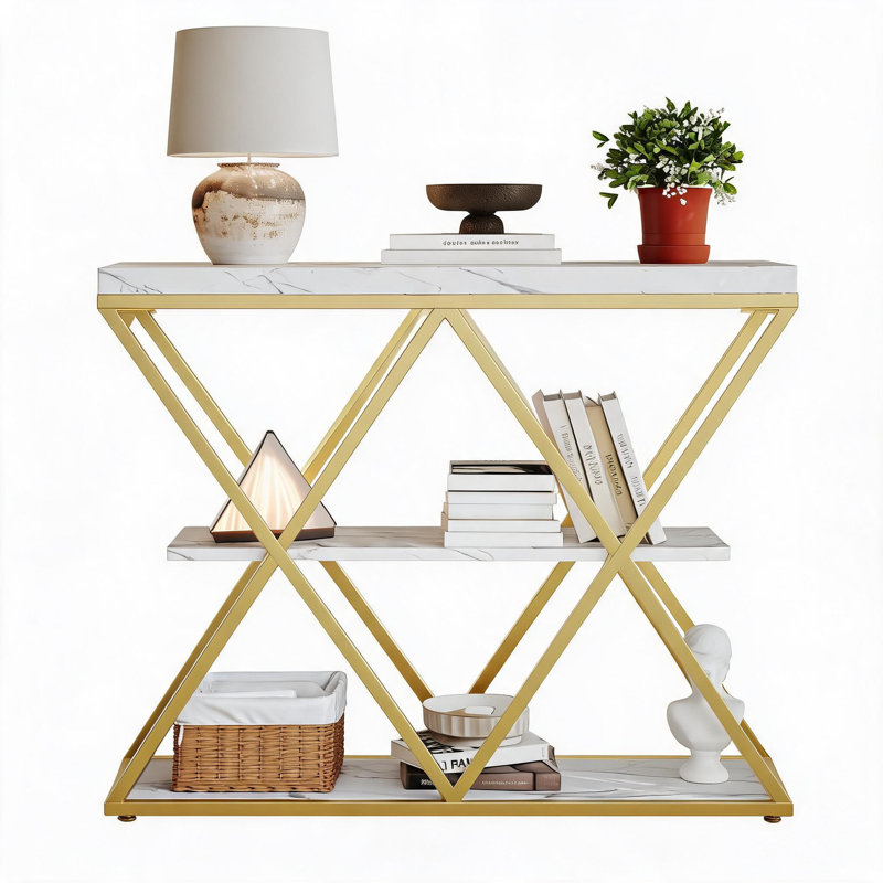 3 Tier Console Table, 39" Industrial Entryway Table, Open Wood Shelves