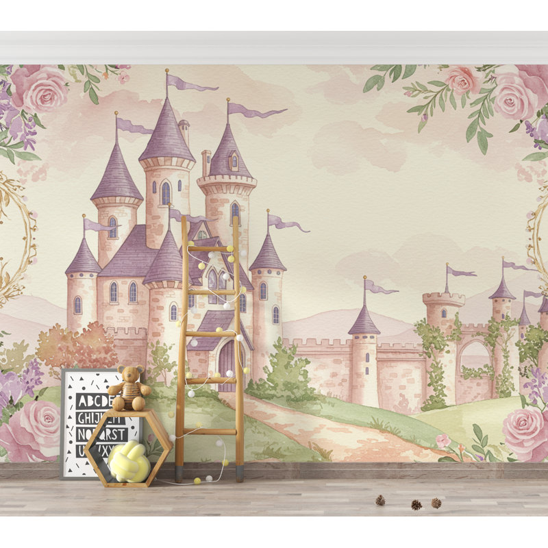Papier peint château de luxe féerique - princesse, aquarelle pastel, L 10 po x l 8 po, Peler et coller