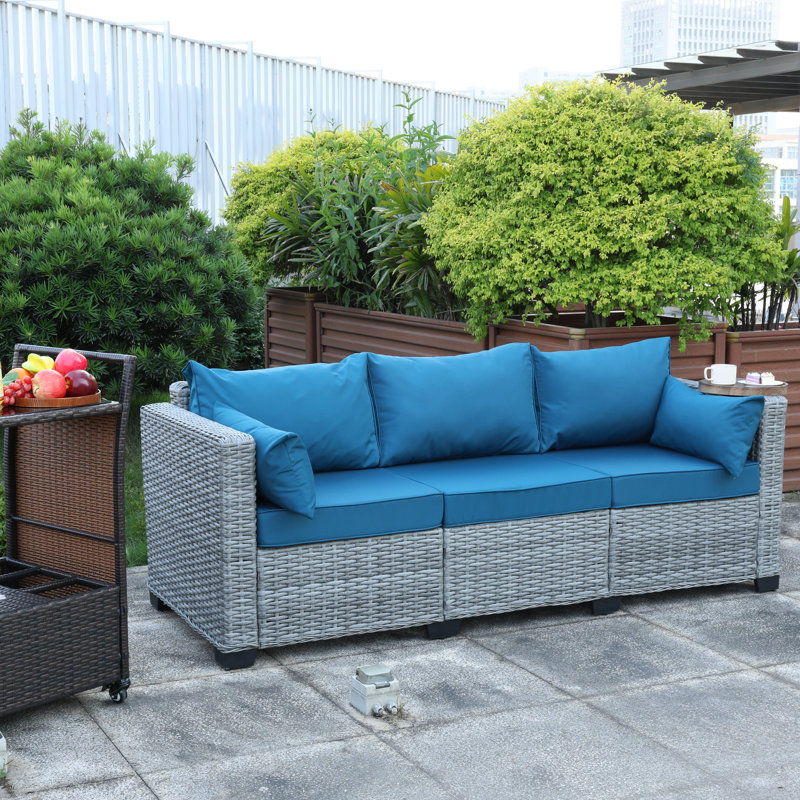Nebiha Outdoor Wicker Couch Patio 3-seat Sofa Deep Seat Height Backrest Waterproof Cover No-Slip Cushions, Blue