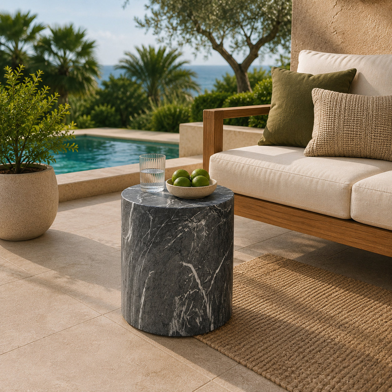 Sondra 16" Patio Side Table, Dark Gray Marble