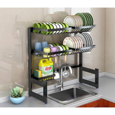  BOOSINY Over The Sink Dish Drying Rack, 2 Tier Stainless Steel  Large Adjustable Kitchen Dish Drainer, Home Storage Organizer Shelf Above  Counter with 6 Hooks