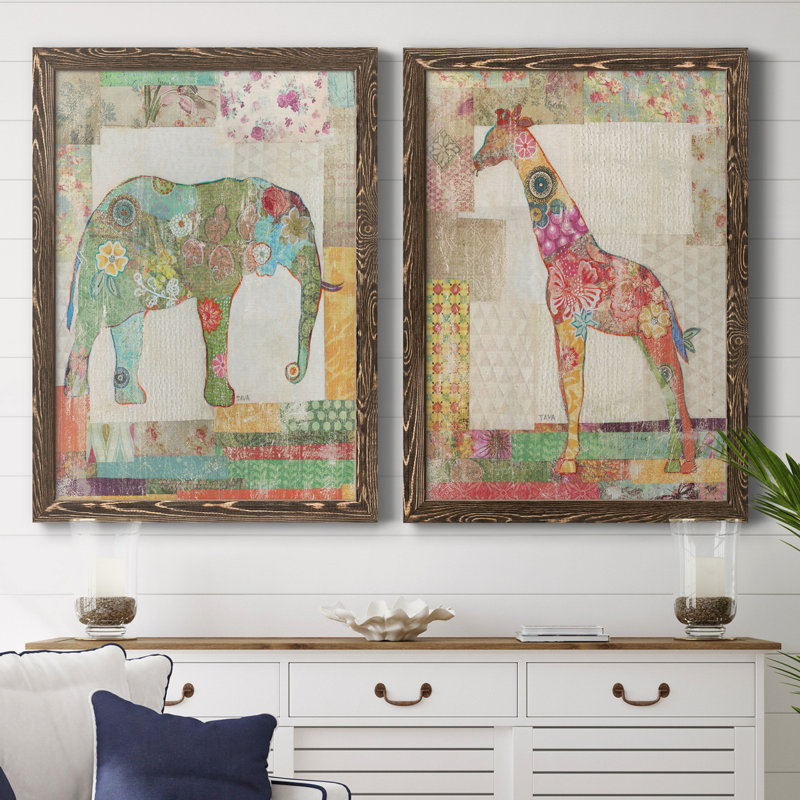 «Elephant Montage», ensemble de 2 impressions, H 37,5 po x l 55 po x P 1,5 po, Toile avec cadre en noyer, Pas de tapis