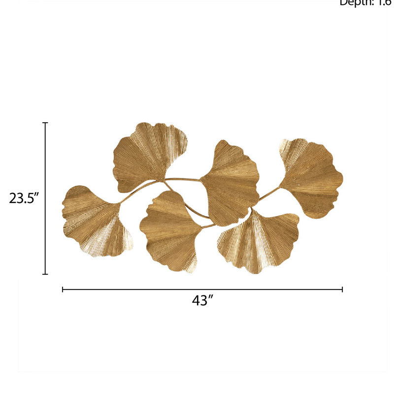 Dimensional Gold Metal Ginkgo Leaf Wall Ornamentation - 43"L X 23.5"H 1.6"D, Hang Horizontally For Home Accent Single Piece Sculpted Decor Keyhole Mount Horizontal Hanging On Panel