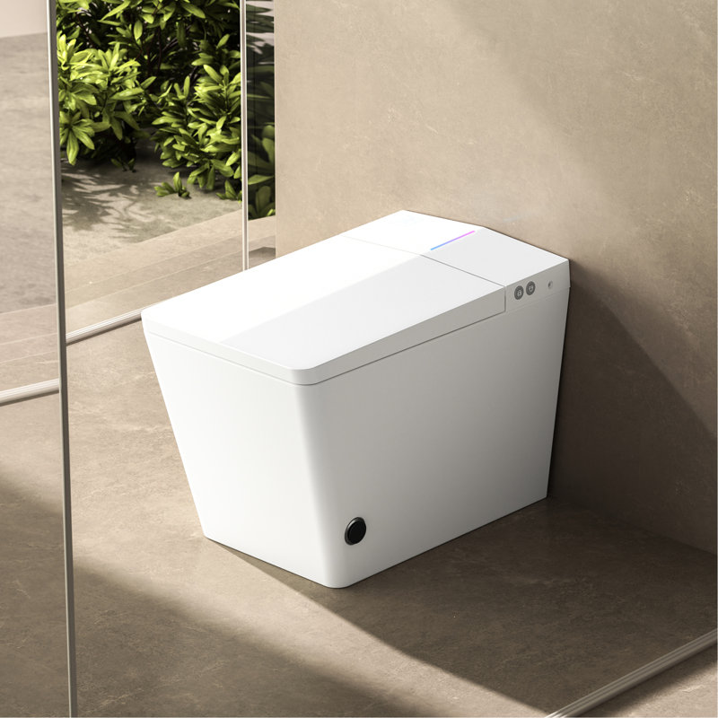 Square Smart Toilet With Integrated Tank For Modern Bath - Remote Control, Auto Flush, Heated Seat, Led Digital Display, User Customizable, White Built-In Command, Flush System, Seat Function, Panel,