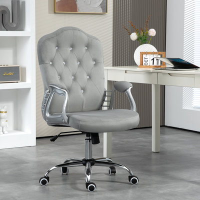 Chaise de bureau, grise, réglable en hauteur et inclinable, revêtement en velours, chaise de bureau à roulettes pivotante gris, bouton, utilisation prolongée