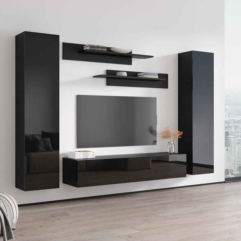 Volpe 100" Modern Floating Wall Mounted Entertainment Center with 16-Color LED Lighting, High Gloss Finish, Black