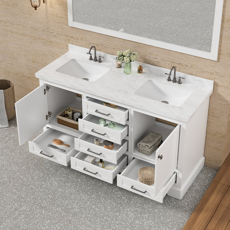 Linsay Fully Assembled 60" Double Sink Bathroom Vanity with Engineered Stone Top, White
