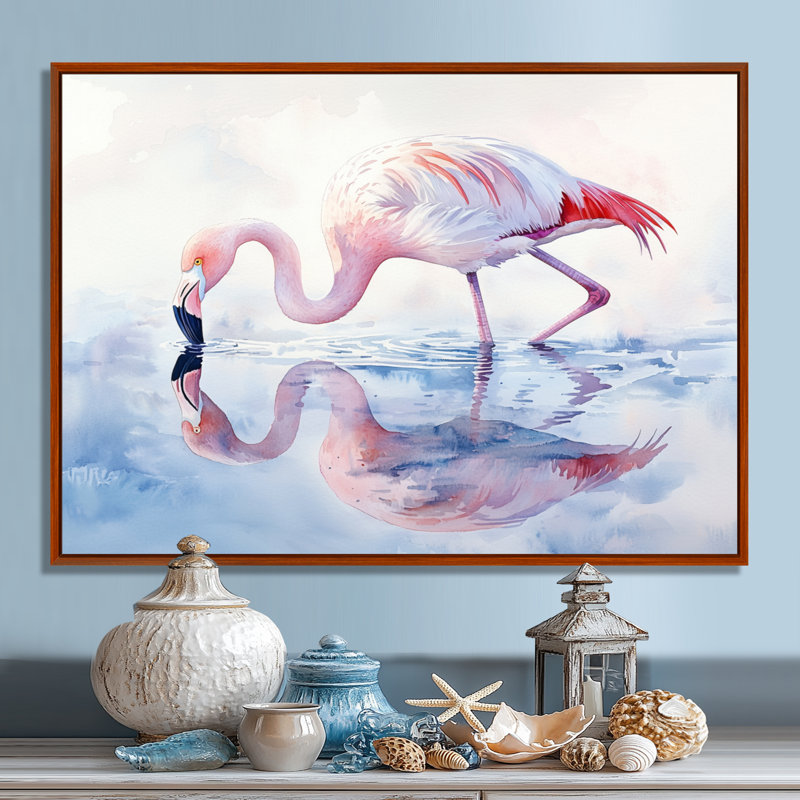Flamingo Reflections - Art mural flamant pour salon, H 24 po x l 32 po, Cadre flottant, Brun