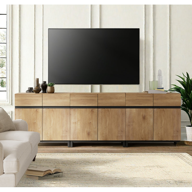 94.5" TV Stand with Doors,Modern TV Stand for TVs up to 110 Inch,3 Packs Wood Entertainment Center with Adjustable Shelves & Metal Base,Oak