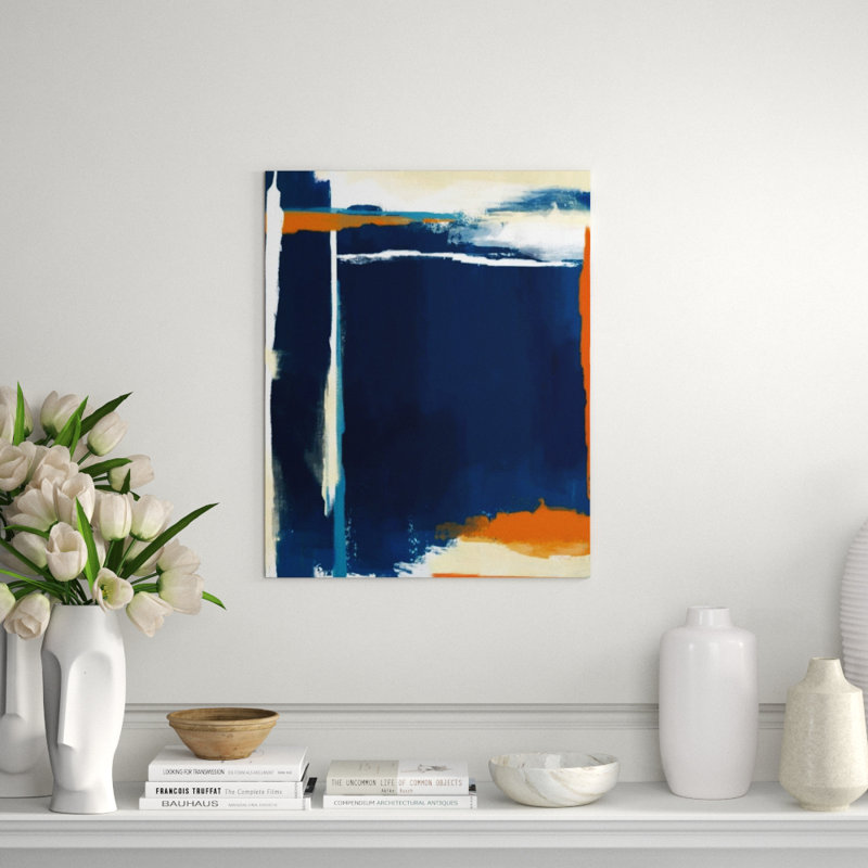 Composition Of Blue And Orange III Painting by Sofia Fox, 46" H x 36" W x 1.5" D, Outdoor