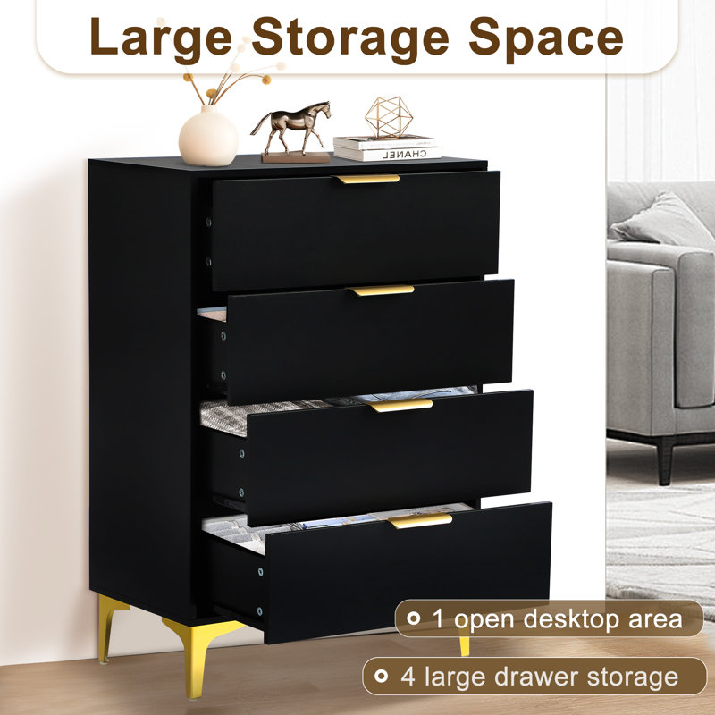 Commode 4 tiroirs pour la chambre à coucher, unité de rangement pour armoire de rangement, commode, Noir
