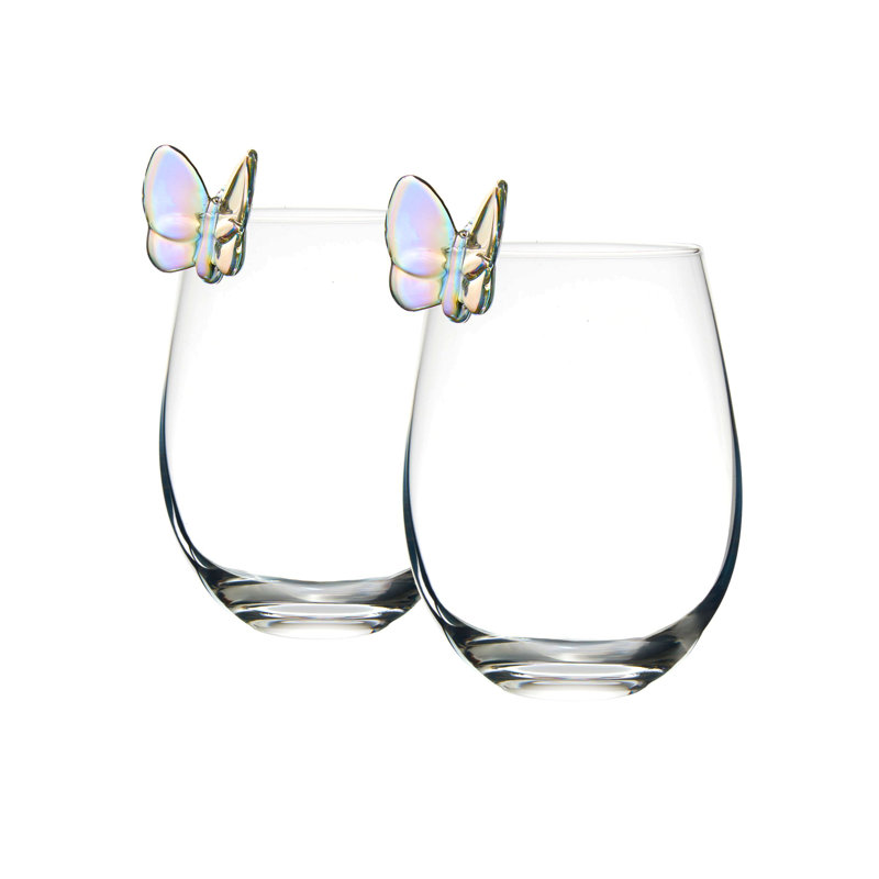 Butterfly Stemless Wine, Pink/Blue/Clear