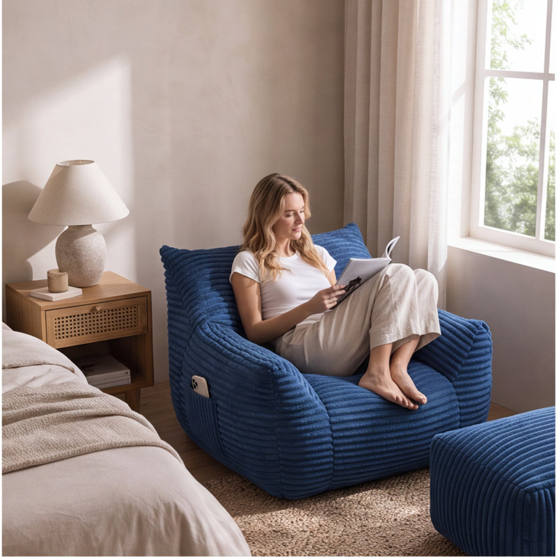 Fauteuil à billes surdimensionné en tissu bleu avec repose-pieds - Canapé confortable pour adultes, salon, chambre à coucher et dortoir