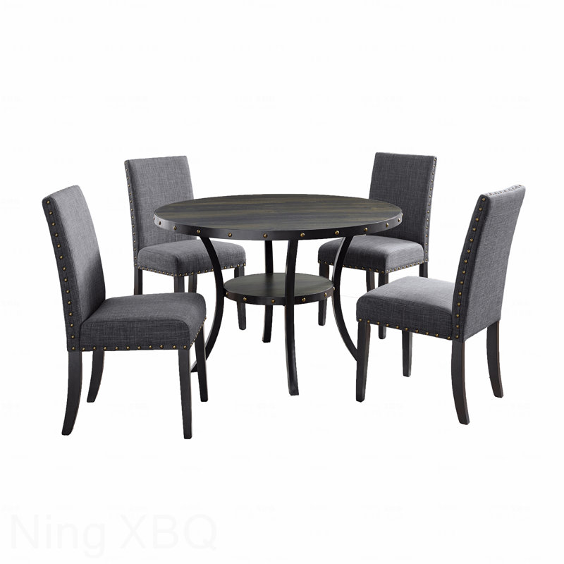 Ensemble de salle à manger en bois espresso: table et 4 chaises cloutées en tissu gris, Gris