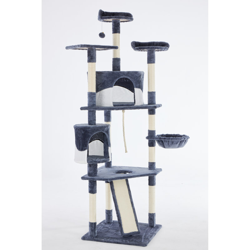 Grand arbre à chat à plusieurs niveaux, tour pour arbre à chat H 79 po avec perchoir, maisonnette, panier et rampe, poteau à griffes recouvert de sisal
