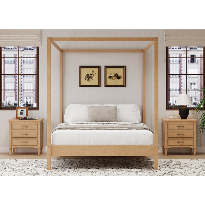  Modern Mid-Century Canopy Bed, Queen, Natural