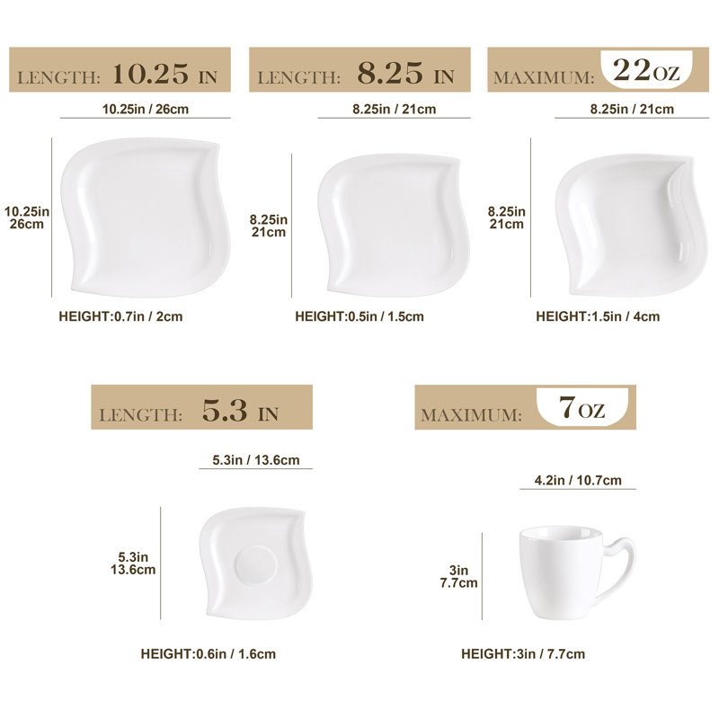 Elvira 60 Piece Porcelain China Dinnerware Set - Service for 12, Ivory White