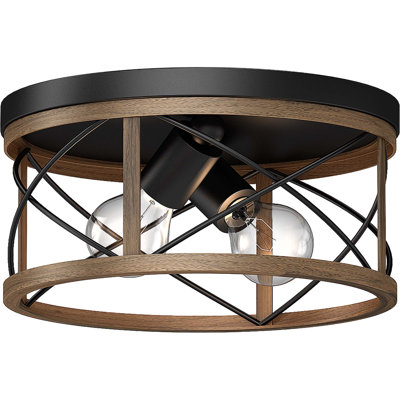 2-Light 11"W Black and Wood Grain Caged Drum Steel Flush Mount 