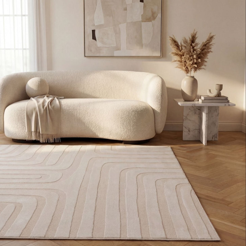 Loft Modern Curved Line Living Room Area Rug and Runner Soft Pile, Rectangle 80 x 150 cm, Ivory
