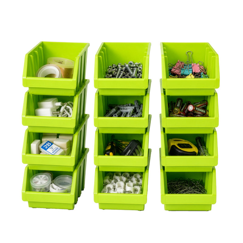 12 Stackable Easy-Access Plastic Storage Organizer Basket, Green, Green Set of 12