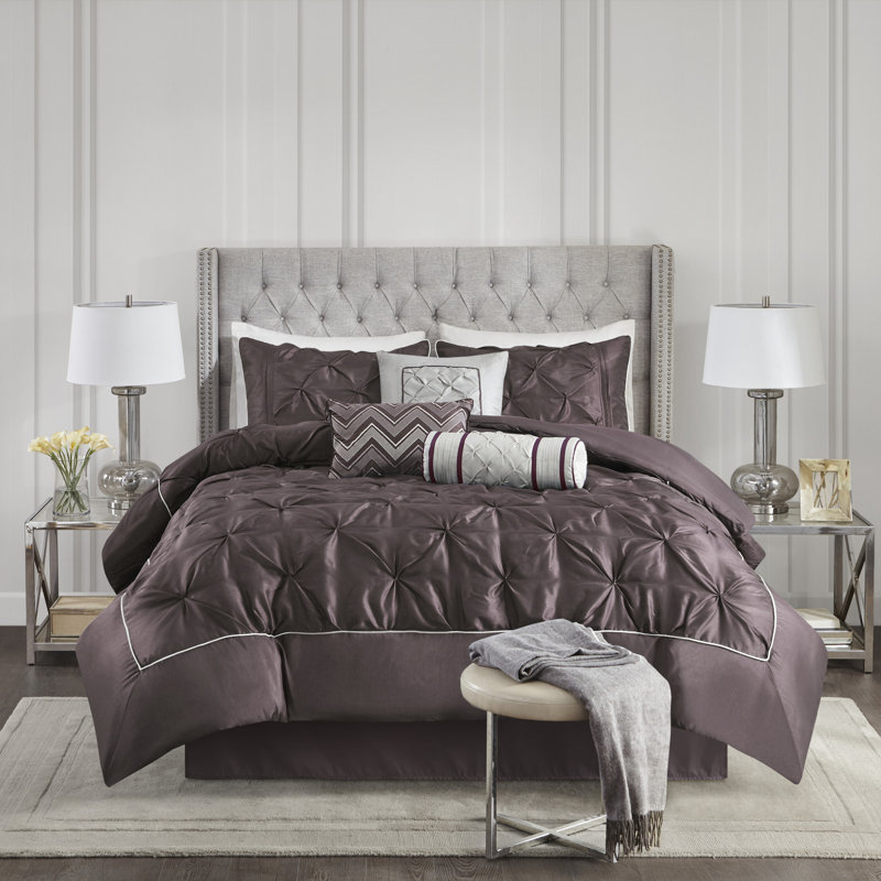 Laurel 7 Piece Tufted Comforter Set, Plum, King Comforter + 1 Bed Skirt + 2 Shams + 3 Decorat