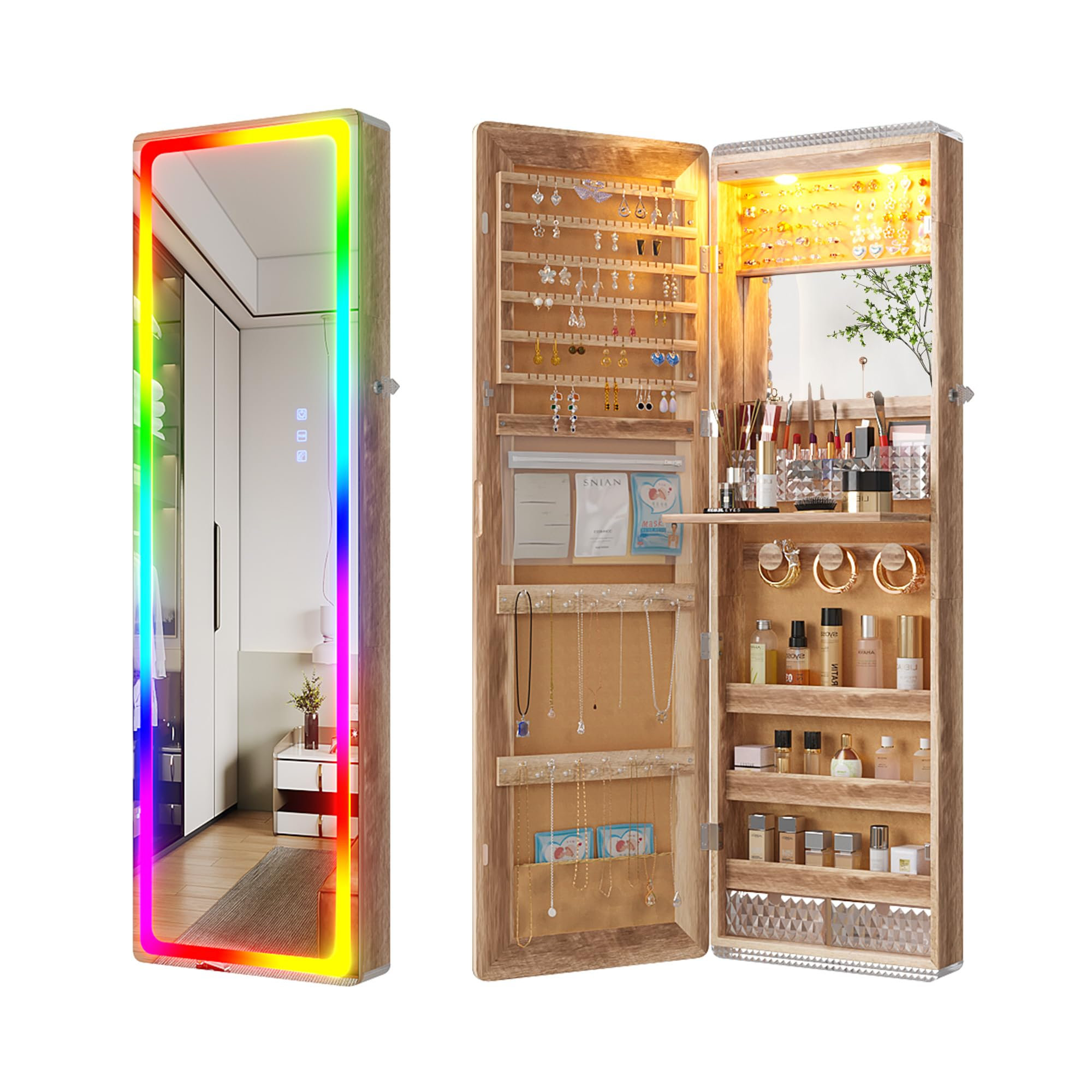 Orren Ellis Armoire à bijoux à DEL avec lumières RVB, organisateur de ...