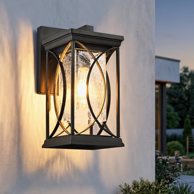 Applique murale d'extérieur 11,8 po H noir avec abat-jour en verre craquelé glacé, pour la véranda, la cour et le garage