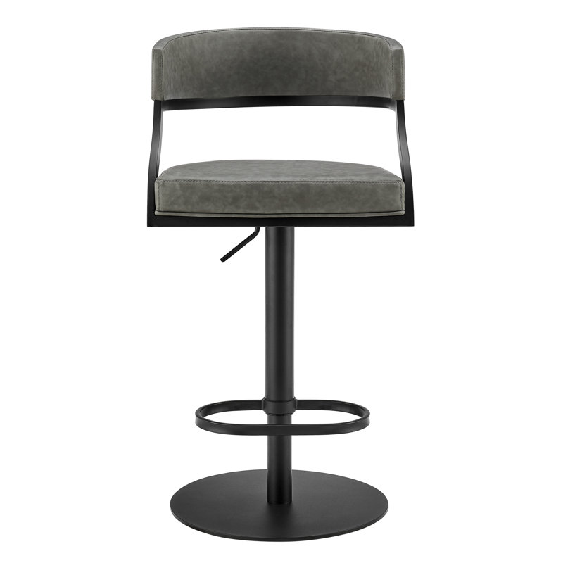 Callie Modern Retro Swivel Metal Adjustable Height Barstool With Faux Leather Seat, Gray, Matte Black