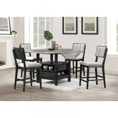 Farmhouse Contemporary Counter Height Dining Set Storage Table Single Pedestal Round Black Gray Natural Grain Integrated Turntable Drop Leaves Built-In Shelving Fabric Upholstery Chairs