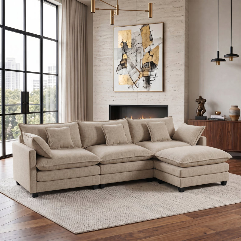 Canapé modulaire en chenille 108 po avec repose-pieds 108 po, siège en forme de L avec poches latérales et 5 coussins