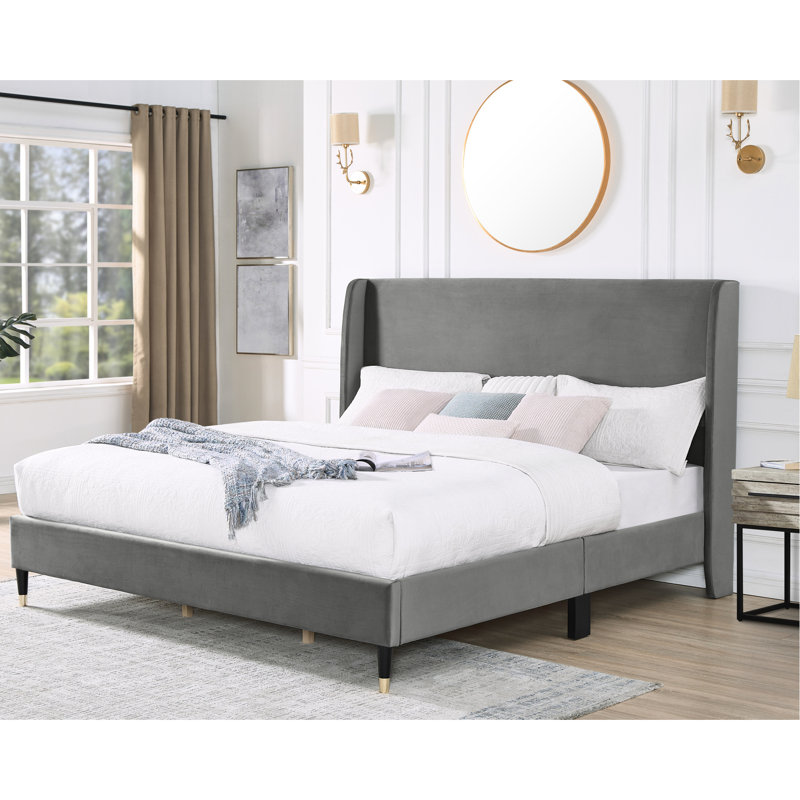 Très grand lit à oreilles en velours gris pour une chambre à coucher luxueuse, Gris, Très grand lit
