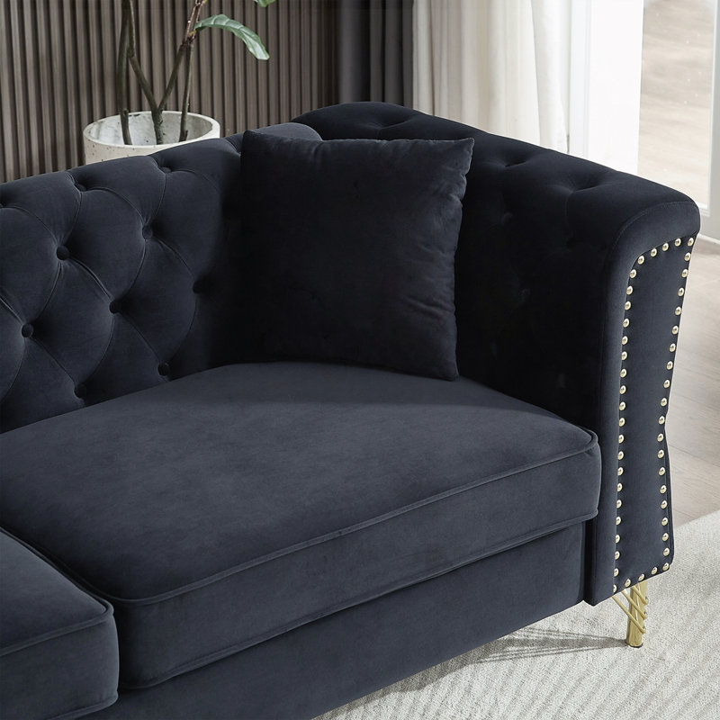 Canapé en velours capitonné, Noir, H 29,5 po x l 81,8 po x P 31,8 po