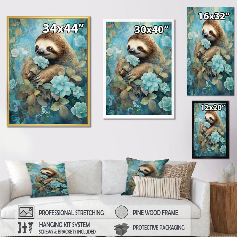 «Turquoise Tranquility Flower Sloth», reproduction sur toile, Cadre flottant blanc, H 40 po x l 30 po x P 1,5 po