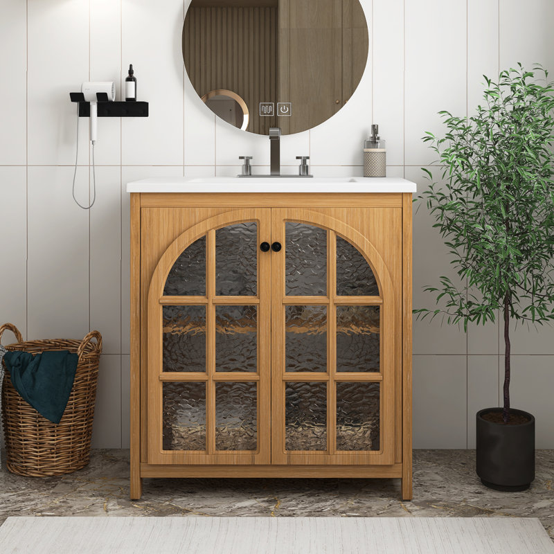 Meuble-lavabo Farmhouse avec lavabo en céramique, armoire de salle de bain rustique rétro avec poignées en bronze et 2 portes à fermeture en douceur