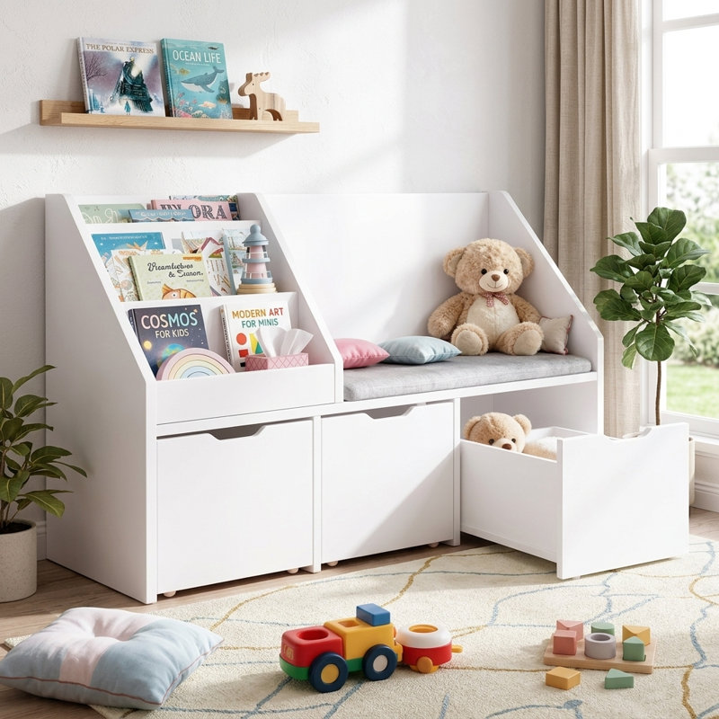 39"W Kids Bookcase With Soft Cushion, 3 Drawers, 3 Shelves & Removable Wheels & Toy Storage