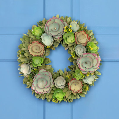 Wooden Mini Flowers Artificial Spring Wreath - 14" - Green And Yellow