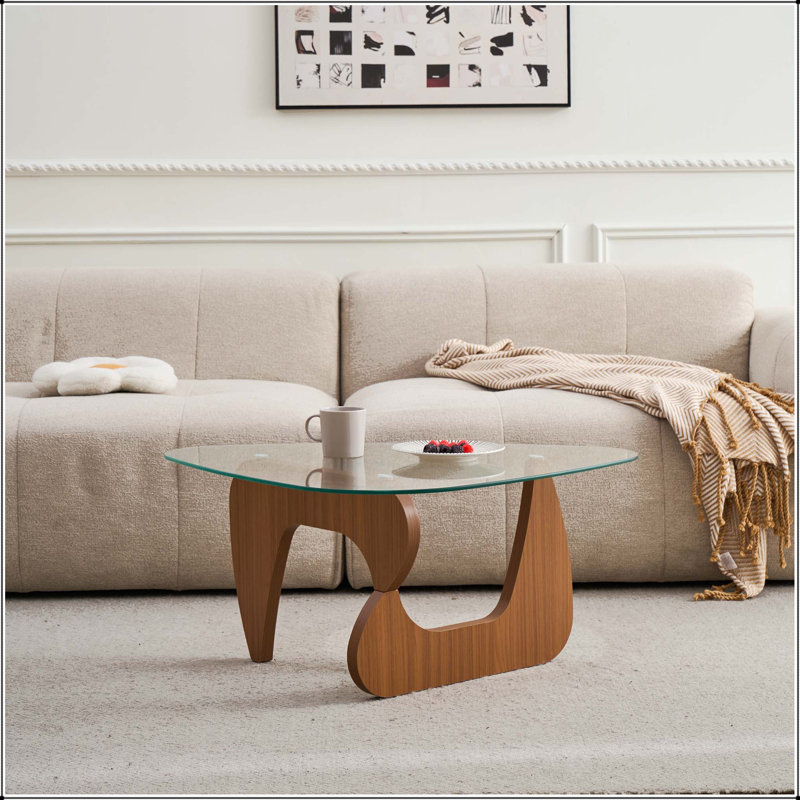 Table basse Mid-Century moderne en verre avec base en bois, 15.74" H x 43.3" W x 29.5" D, Transparent / Brown