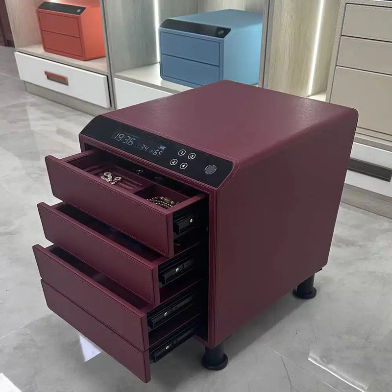 Leather Chest, Mahogany 4-Drawer Jewelry Safe with Biometric Fingerprint Passcode Lock, Temperature Humidity Monitor, Bluetooth Mobile App Control