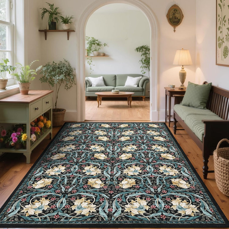 Washable Vintage Floral Hallway Runner Rug, Non-Slip, Stain-Resistant, for Kitchen, Laundry & Bathroom - Black